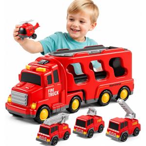 Bennol 5-in-1 Fire Trucks Toy Set for Boys Age 1-3 3-5 Fire Car Truck for Toddlers 1 2 3 4 5 6 Years Old Christmas Birthday Gift Car Sets with Light Sound