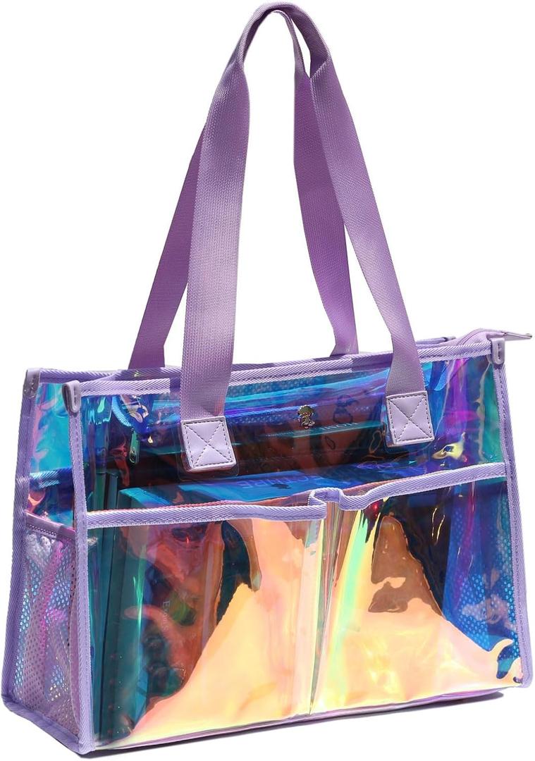 Iridescent Clear Tote Bag for Women, Waterproof Large Beach Tote Pool Swim Cruise Vacation Essentials (Purple)