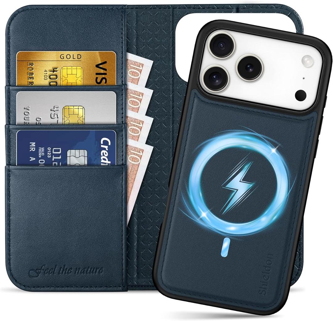 SHIELDON Detachable Wallet Case for iPhone 17 Pro Max 6.9" | Genuine Leather, Wireless Charging, RFID Blocking Credit Card Slot, Flip Magnetic Closure, Removable Shockproof Phone Cover - Navy Blue