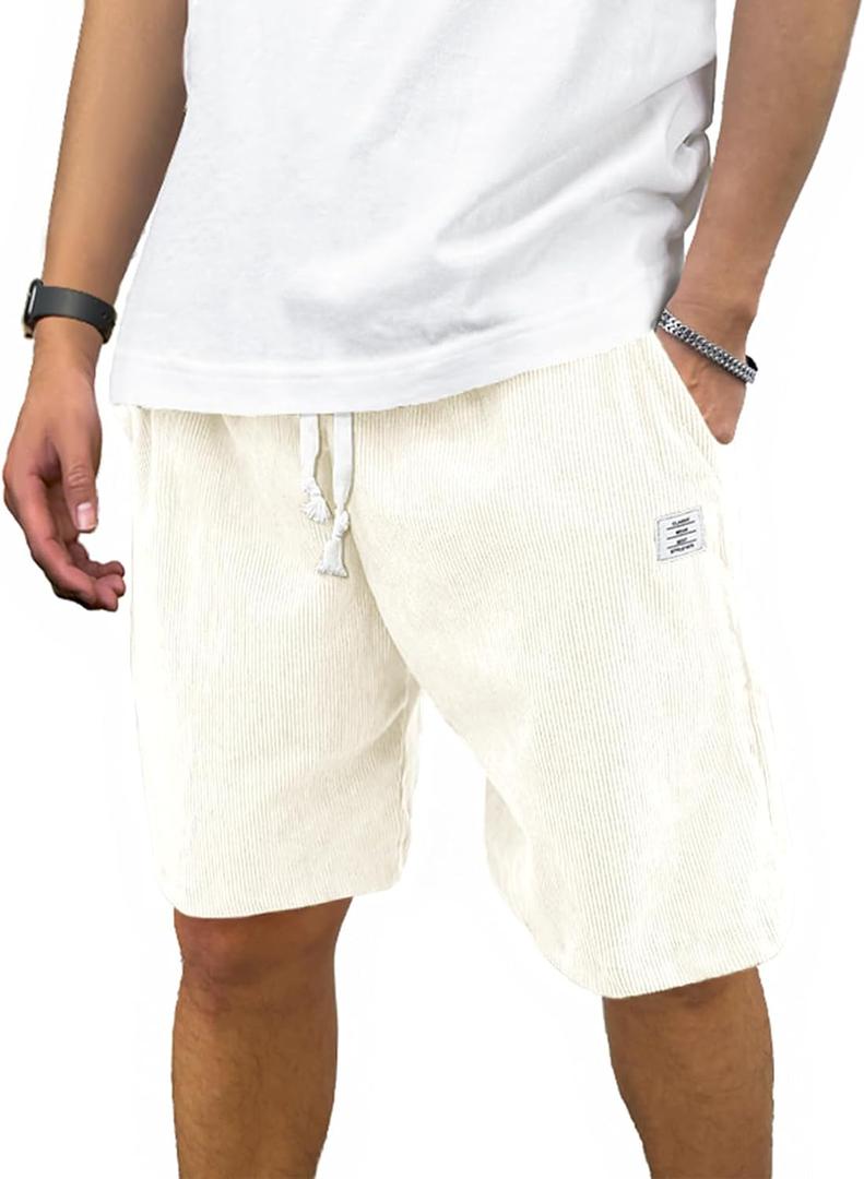 Men's Corduroy-Style Shorts Elastic Waist Drawstring 7 Inch Inseam Polyester Casual Shorts with Pockets (Beige, XXL)