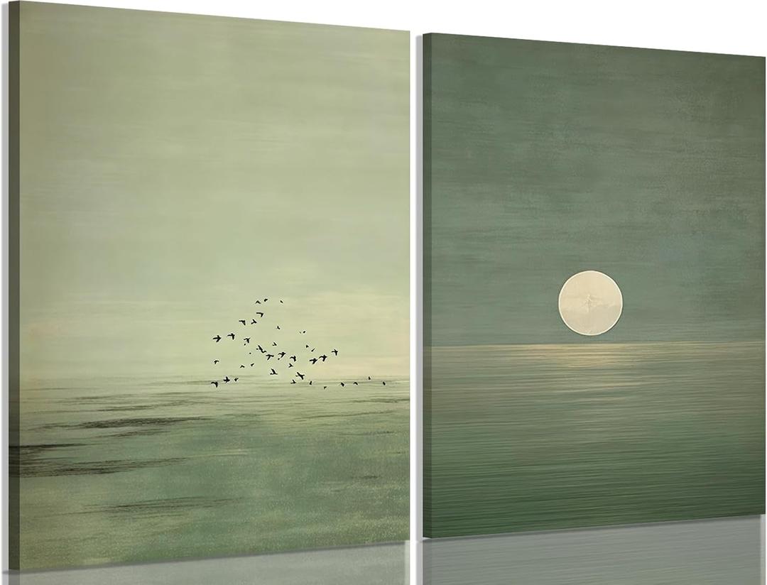 2Pcs Japanese Sage Green Canvas Wall Art Minimalist Moon and Bird Wall Decor Pictures Japanese Landscape Posters Prints for Living Room Bedroom Office Zen Home Decoration 16X24in Ready to Hang