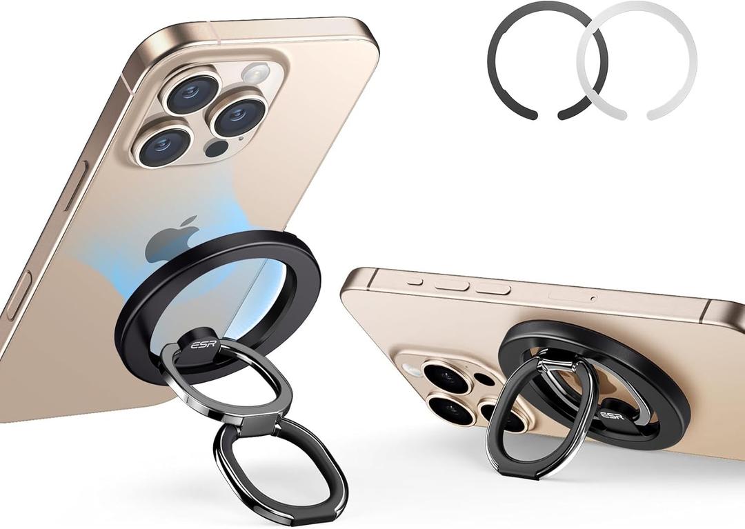 ESR for MagSafe Phone Grip, MagSafe Ring Holder, Magnetic Phone Ring Holder, Magnetic Phone Grip with 2-Way Stand for iPhone 17/16/15/14/13/12, Samsung, Google, All Smartphones(2 Metal Rings included) (Black)