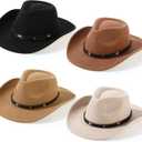 Mumufy 4 Pcs Classic Western Cowboy Hat Men Felt Wide Brim Cowgirl Hats Women Belt Buckle Cap for Adults (Black, Camel, Khaki, Beige)