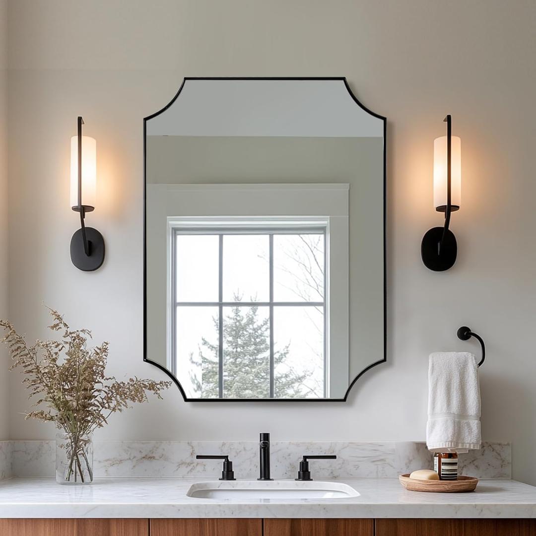 ANDY STAR Matte Black Bathroom Mirror, 22x30'' Scalloped Mirror for Bathroom, Unique Rectangle Bathroom Mirror in Premium Stainless Steel Frame, Deep 1", Ideal for Limited Space