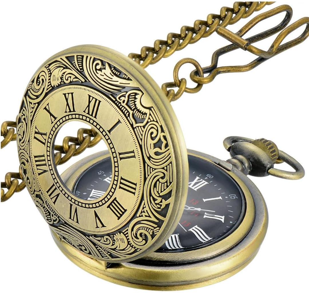 LYMFHCH Vintage Pocket Watch Roman Numerals Scale Quartz Pocket Watches with Chain Christmas Graduation Birthday Gifts Fathers Day (Bronze)