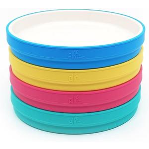 Elk and Friends Kids 7.8 Porcelain White Plates with Silicone Sleeves | Suitable for Babies/Toddlers | Microwave & Dishwasher Safe | Non Slip Dinnerware | Snack Dishes | 4 Pack (Pink/Teal/Blue/Yellow)