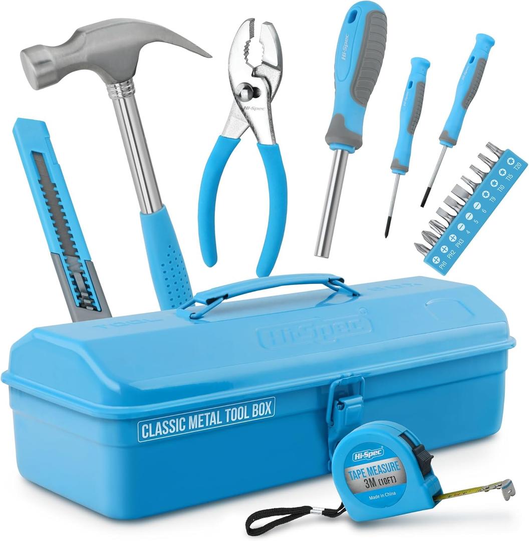 Hi-Spec 17pc Blue Beginner Tool Kit Set & Metal Box. Complete Real Hand Tools for DIY Starters & Kids