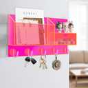 Acrylic Key Holder Wall Mount Mail Organizer for Wall with Shelf Storage Drawer and 5 Hooks, Neon Pink