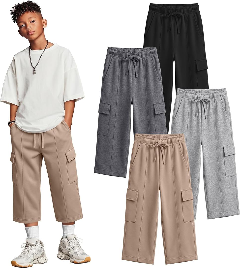 Oakgarden 4 Pack Boys Cargo Capri Baggy Pants | Kids 3/4 Sweatpants, Teen Pants, Straight Leg, Casual, with Pocket, Back to School Clothes, Street Wear, Active, Sports