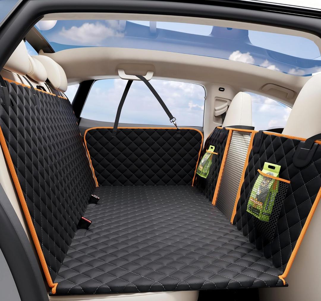 Back Seat Extender for Dogs, Waterproof Dog Car Seat Cover for Back Seat with Hard Bottom Holds 420lbs, 600D Heavy-Duty Upgraded Material Dog Hammock for Car, Easy to Use and Clean (Large, Black Orange)