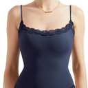 SUUKSESS Women Square Neck Lace Bodysuit Sleeveless Spaghetti Strap Tank Top (Large, Navy Blue)