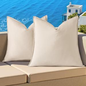 decorUhome Outdoor Waterproof Faux Linen Throw Pillow Covers 18x18 Inch Set of 2 Decorative Natural Farmhouse Pillow Cases with Flange Edges for Summer Couch Garden Patio Balcony Porch, Beige