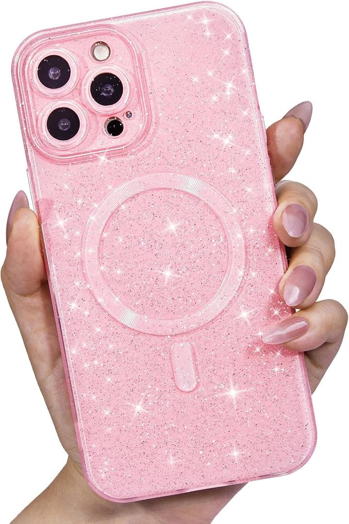 for iPhone 14 Pro Max Case Glitter Compatible with Magsafe, Girly Cute Sparkly Magnetic Mag Safe Pretty Phone Case for Women, Bedazzled Bling Sparkle Slim Bright Silicone Rubber, Light Pink