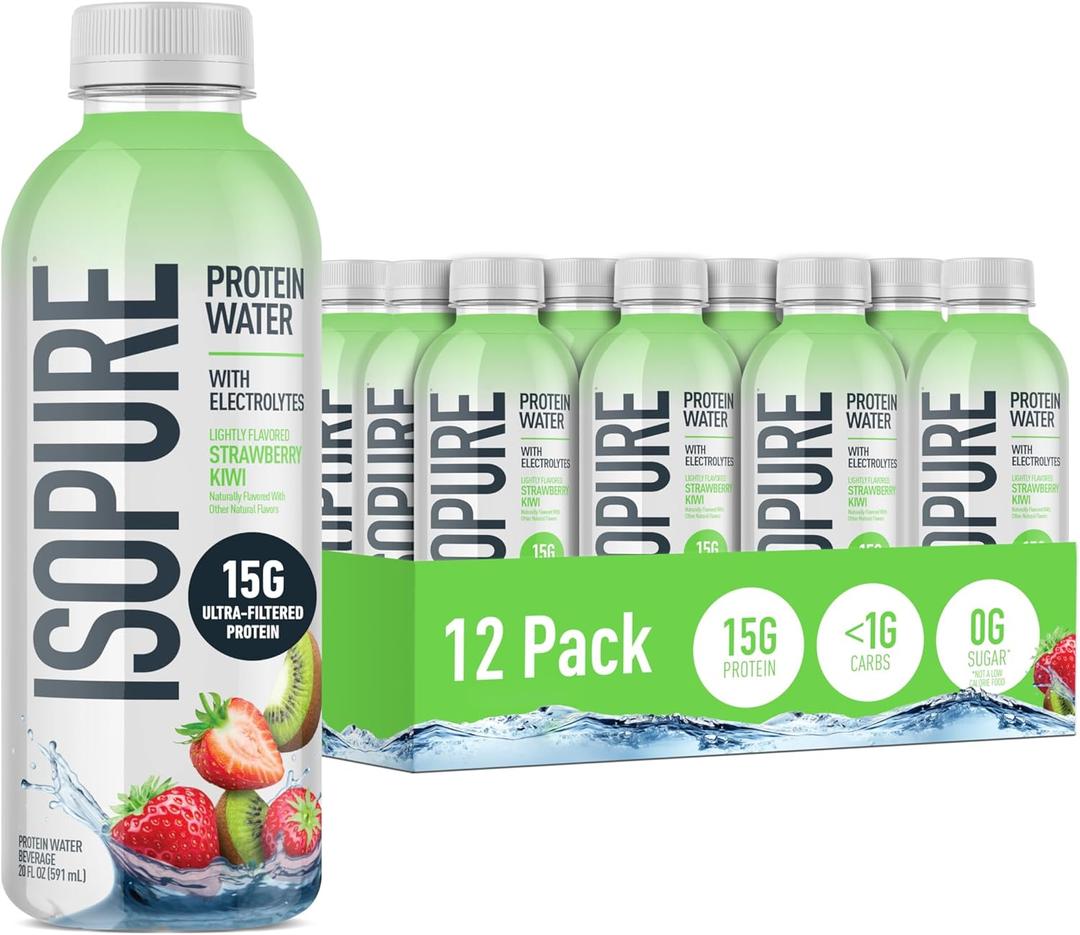 Isopure Clear Protein Water with Electrolytes, 15g Whey Protein Isolate, Zero Sugar, Strawberry Kiwi, 20 fl oz, 12-Pack (EXP 11/17/26)