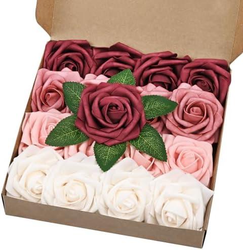 BLEUM CADE 16Pcs Artificial Flowers Fake Roses with Stems, Gradient Burgundy Boxed Foam Roses for DIY Bouquets Centerpieces Wedding Party Arrangement Bridal Shower Decor