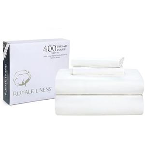 Royale Linen 400 Thread Count 100% American Grown Cotton 4 Piece Sateen Queen Sheet Set - 1 Fitted Sheet, 1 Flat Sheet, 2 Pillow case - White Queen Bedsheet - Cotton Sheets - (Queen, Signature White)