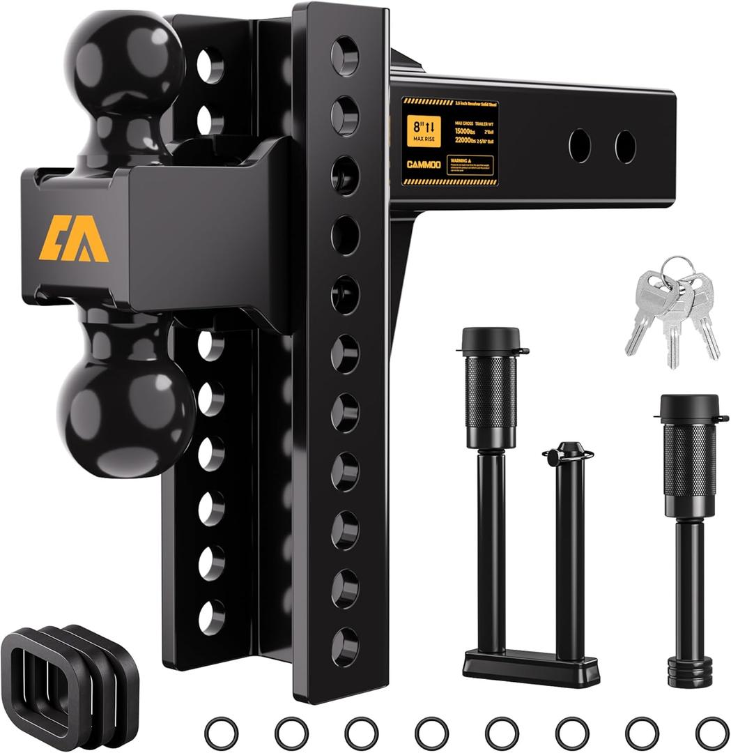 CAMMOO Adjustable Trailer Hitch, Tow Hitch Fits 2.5 inch Receiver, 8inch Rise/Drop Hitch, 2" and 2-5/16" Ball Hitch, 22000 LBS GTW Truck Hitch with U-Shaped Alloy Steel Anti-Theft Pin, Black