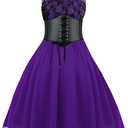 GOLDSTITCH Women's Sleeveless Gothic Lace Dress with Corset Halter Lace Swing Cocktail Dress (XX-Large, Purple)