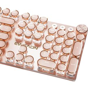 Typewriter Style Mechanical Gaming Keyboard White LED Backlit 104-Key NKRO Pink Switches Retro Round Keycaps Golden Ring Volume Knob Metal Panel Wired USB-C Detachable Cable, Rose Gold