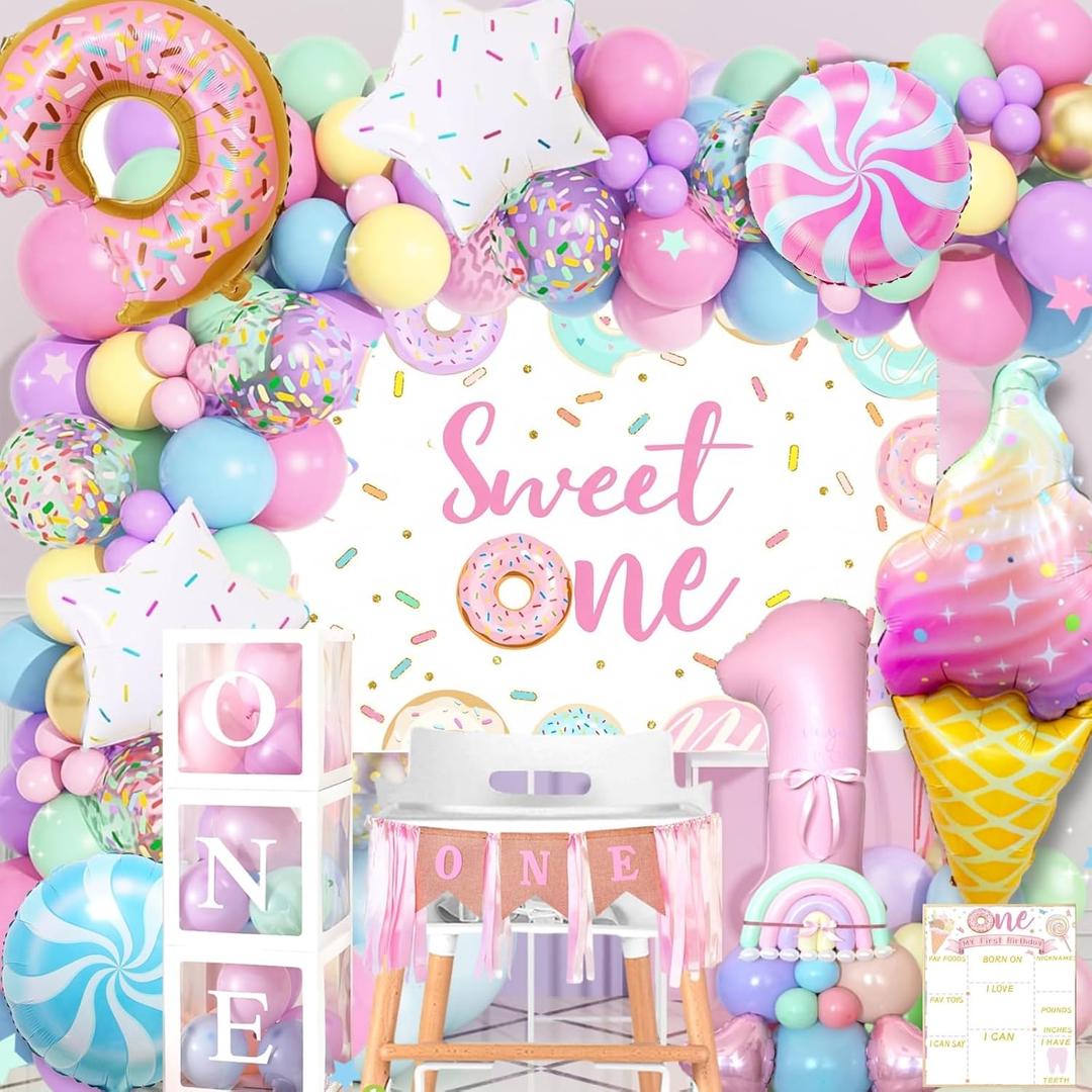 1st Birthday Decorations for Girl, 128pcs Sweet One Birthday Party Decorations, Balloon Boxes, Party Backdrop, Photo Banner, Donuts Ice Cream Candy Balloons Garland