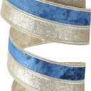 Navy Blue Velvet Wired Christmas Ribbon 2.5 Inch Blue and Gold Holiday Ribbon  10-Yards Roll for Tree Decorations, Gift Wrapping, Wreaths, and DIY Crafts