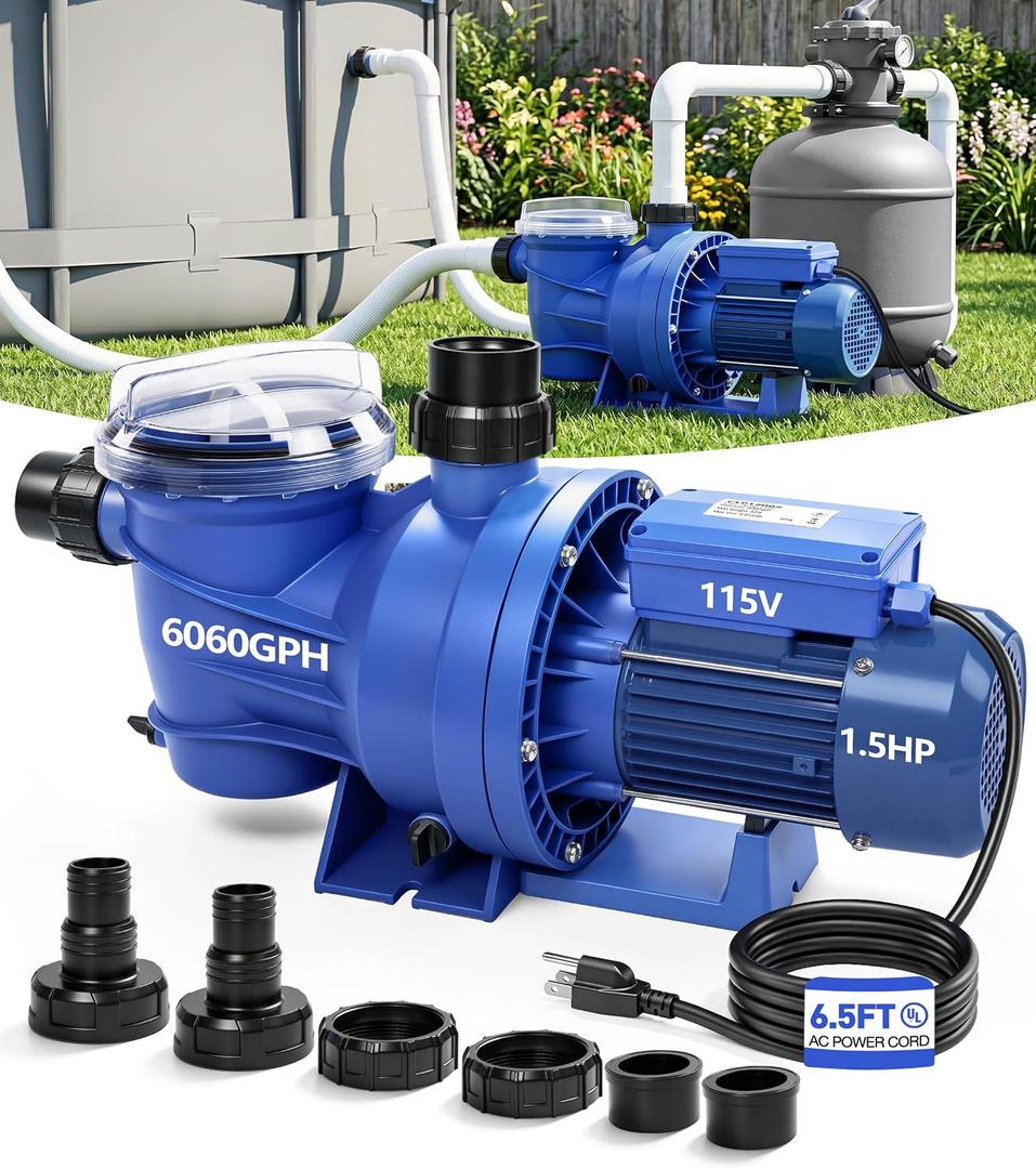 LuxBlue 1.5HP In/Above Ground Pool Pump | Powerful Self-Priming Pool Pumps | Max 6060GPH, 52FT Head Lift for Energy Efficient Water Circulation & Filtration, Includes 1.25"/1.5"/2" Hose Connectors