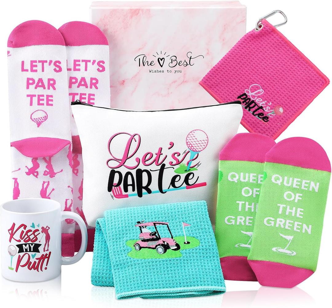 Geyoga 7 Packs Golf Gift for Women Embroidered Golf Towels with Makeup Bag Mug Socks Ankle Tab Socks Accessories with Box Gifts for Women Birthday
