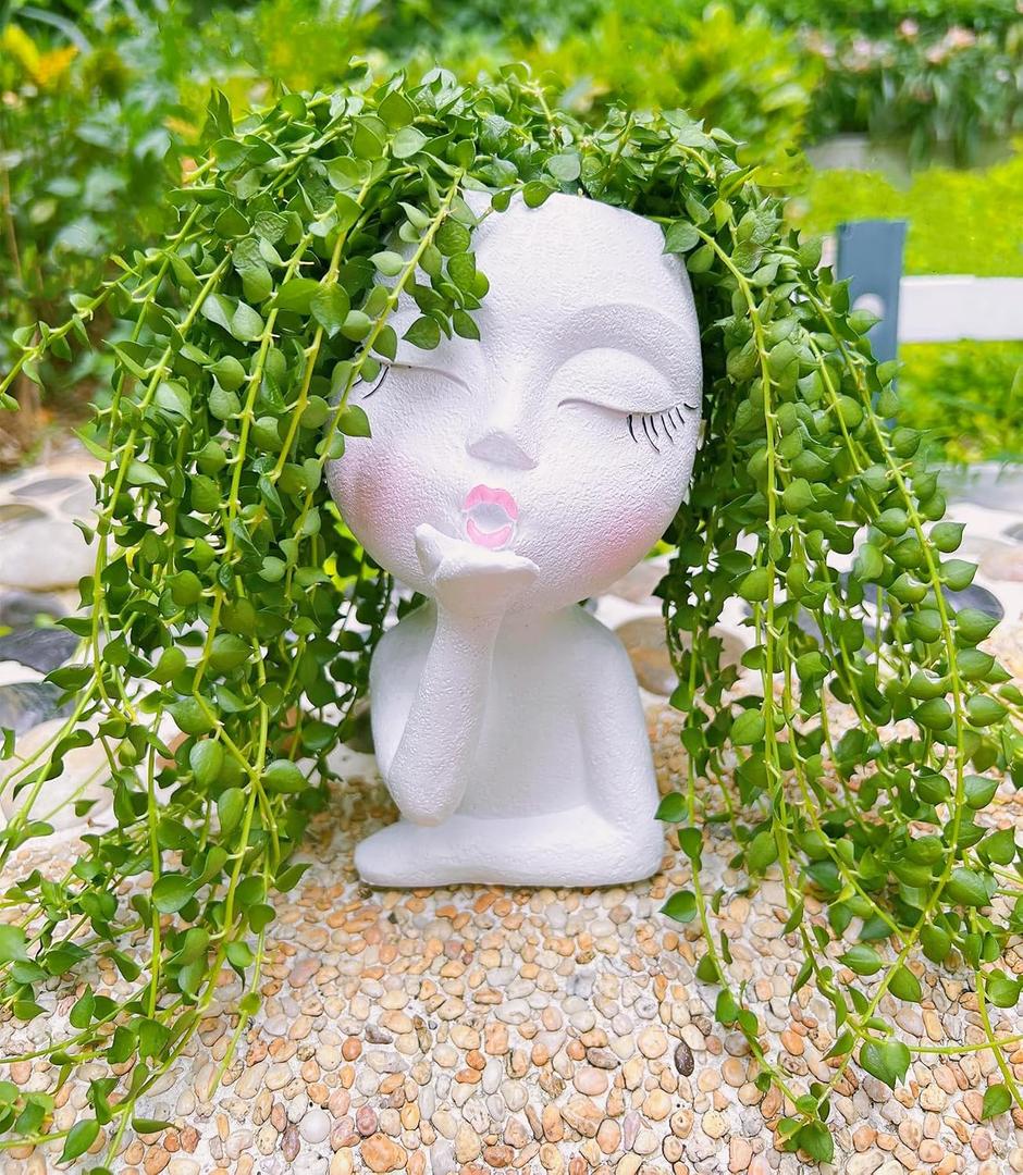 Handmade Face Flower Pots Standing Air Kiss Head Planter Pot for Trailing Plants Cute Succulent Planter Resin Planters Funny Face Planters with Anti-Friction Pads White 1Pack