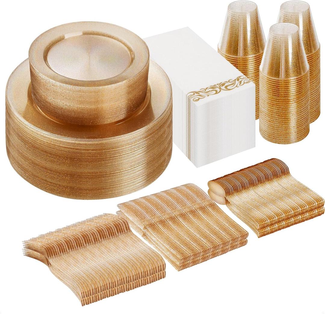 Goodluck 350 Pieces Dinnerware Set for 50 Guests, Plastic Plates Disposable for Party, Include: 100 Gold Glitter Plastic Plates, 50 Paper Napkins, 50 Cups, 50 Gold Glitter Plastic Silverware Set