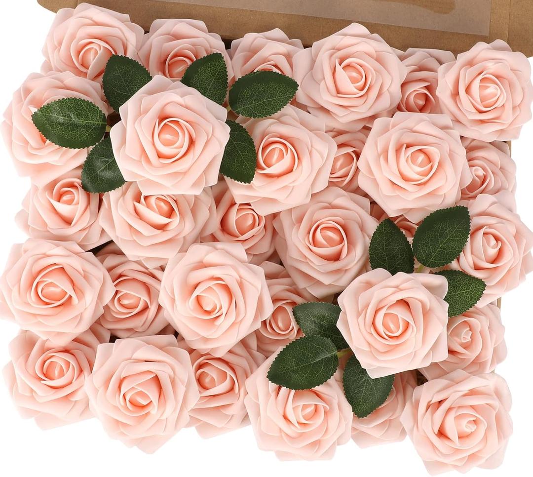 MACTING 30PCS Artificial Rose Flowers Real Touch Fake Flowers with Stem Blush Pink Foam Roses for DIY Wedding Bouquet Table Centerpieces Bridal Shower Party Home Spring Mothers Day Decorations