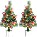 FORUP Set of 2 30 Inch Pre-Lit Pathway Christmas Trees Urn Filler, Outdoor Christmas Tree Decorations for Porch, Driveway, Yard, Garden, with 60 LED Lights, Red Berries, Pine Cones, Red Ball Ornaments