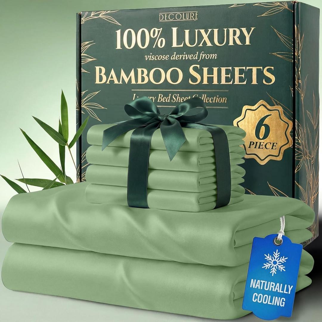 DECOLURE 100% Viscose Derived from Bamboo Sheets King Size - Luxury 6 Pc Naturally Cooling Sheets, Ultra Soft Bed Set - Deep 17" Pockets, Durable Double Stitching, Oeko Tex Standard (Sage Green)