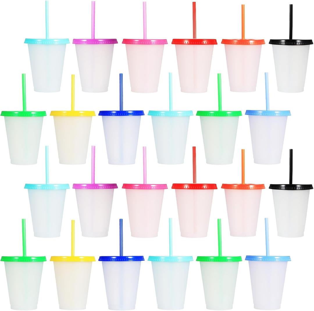 24 Pcs Plastic Tumblers with Lids and Straws, Reusable Cups with Lids Plastic Colorful Cups for Party Birthday, Iced Coffee Cup Travel Mug Cold Drink Tumblers Bulk (16 oz, Multi Colors)