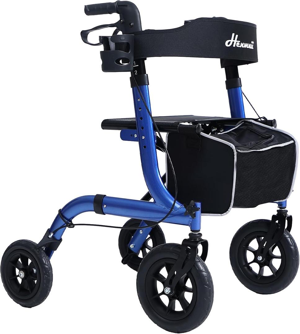 Rollator Walker for Seniors, Lightweight Foldable All Terrain Rolling Walker with seat, Aluminum Walkers with 10 inch Rubber Wheels, Handles and Backrest for Seniors and Adult (Blue)