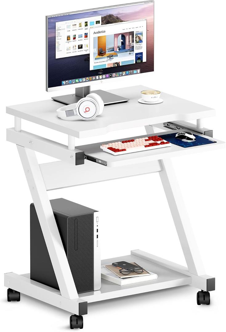 sogesfurniture Mobile Compact Computer Desk Cart for Small Spaces, Portable Computer Desk, Small Rolling Work Workstation for Home and Office with Printer Shelf, Keyboard Drawers,White
