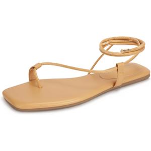 Women's Lace Up Sandals Strappy Flats Gladiator Wrap Flip Flop Tie Open Ring Toe Summer Shoes (7, Nude)