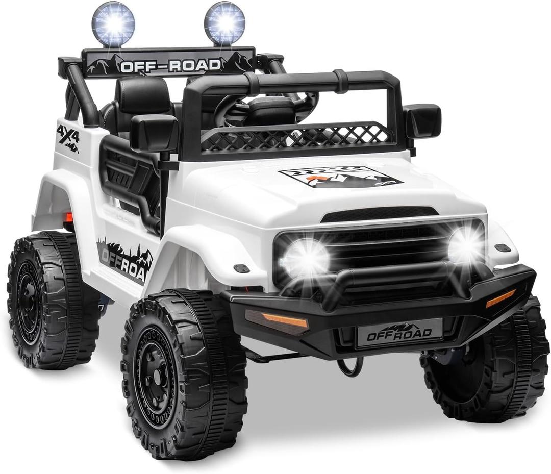 SEHOMY 12V Kids Ride On Truck, 3 Speeds, Battery Powered Electric Car White | Parent Remote Control, 3 Speed, Spring Suspension, LED Lights, Safety Start, Built-in Music, 4-Wheel, Toys Gift for Boys