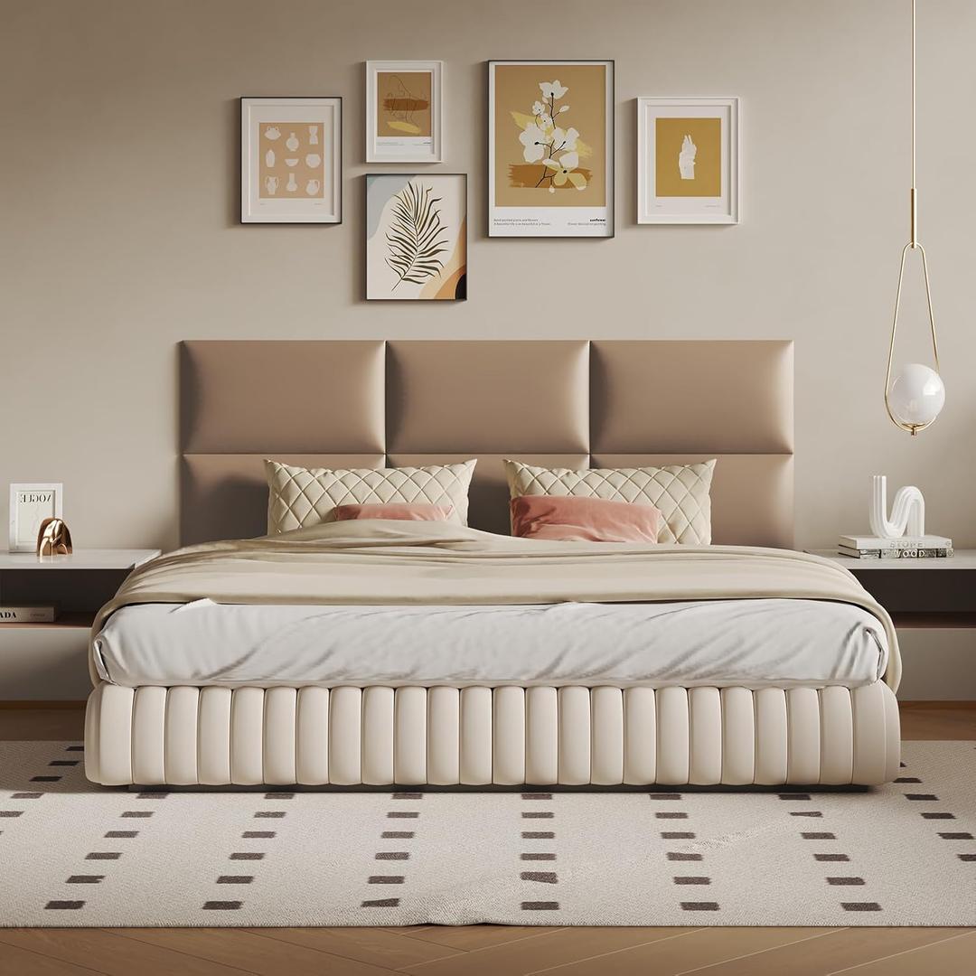 Light Brown Wall-Mounted Upholstered Headboard Panels, Faux Leather, 24x12 Inches, Pack of 12  DIY Soundproof Wall Padding for Full, Queen, or King Beds, Modern Wall Dcor, Easy to Clean