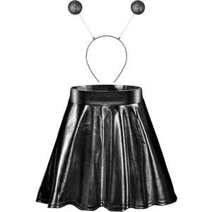 Sintege Halloween Alien Headband and Metallic Flared Pleated Skater Skirt for Halloween Costumes Supplies (Black, L)