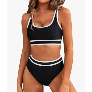 BMJL Women's High Waisted Bikini Sets Sporty Two Piece Swimsuits Color Block Cheeky High Cut Bathing Suits, Size L