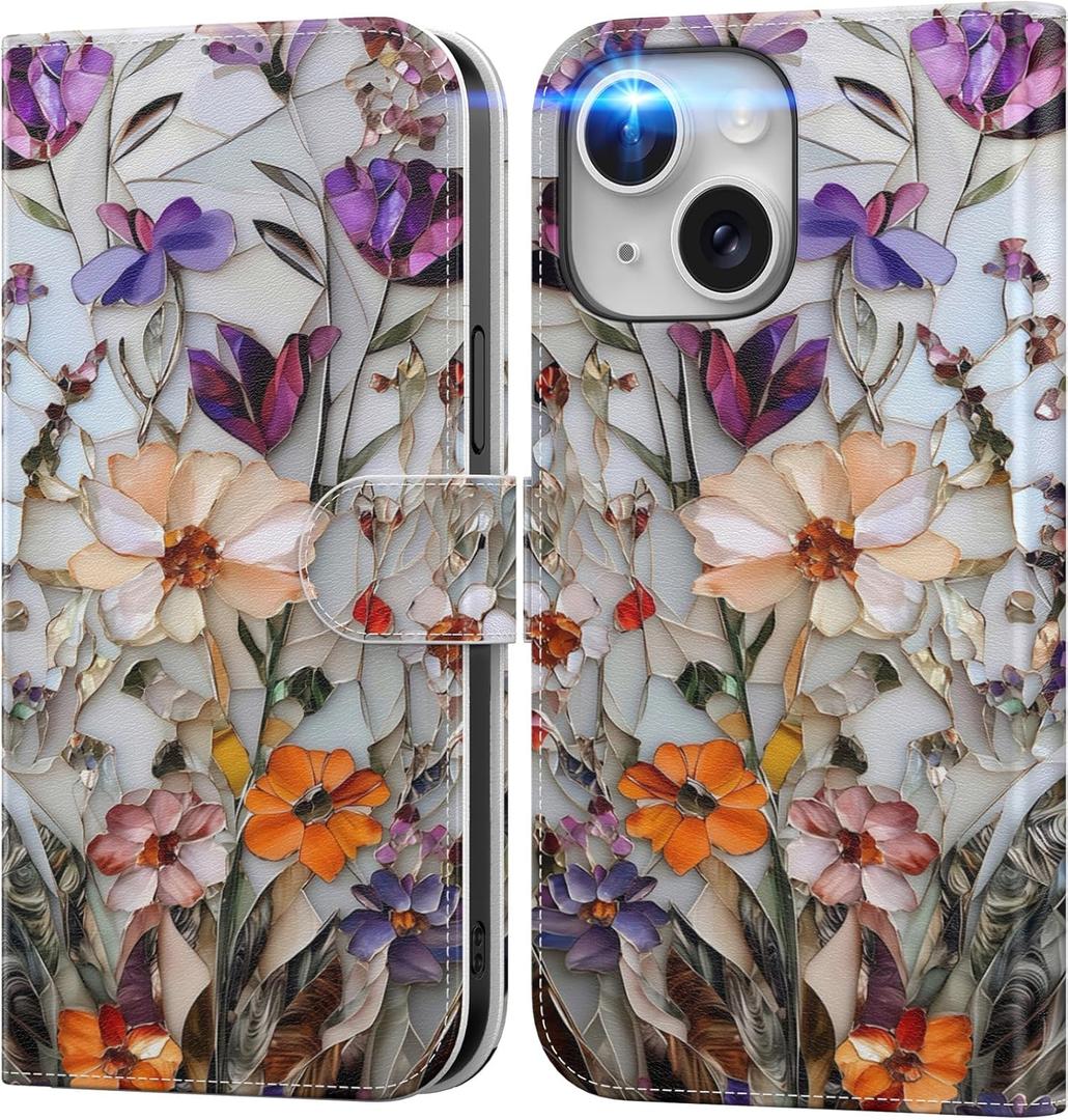 DEENAKIN for iPhone 15 Wallet Case with Card Holder + Cash Clip, RFID-Blocking, Military-Grade Drop Protection & UV-Printed Artwork, Magnetic Closure with Leather Kickstand - Marbled Floral Veins