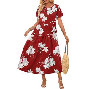 OFEEFAN Vacation Dresses for Women Short Sleeve Maxi Dress Tiered Dress Women's Casual Dresses Floral Red S (S)