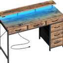 Huuger Gaming Desk with 6 Drawers, Computer Desk with LED Lights Power Outlets and Type-C, 39 Inch Office Desk with Storage, Monitor Stand, Writing Desk Work Desk Home Office, Study, Rustic Brown