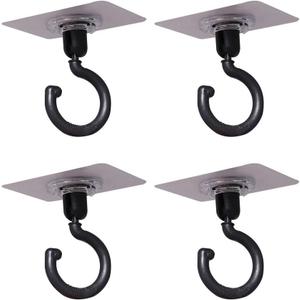 4 Pack 360Rotating Ceiling Adhesive HookWall Adhesive HooksWaterproof Bathroom Kitchen Heavy Duty Self Adhesive HooksBlack