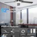 52'' Black Flush Mount Ceiling Fan with Lights for Bedroom