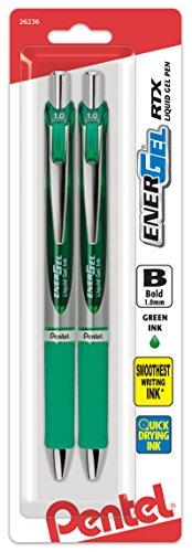 Pentel EnerGel RTX Retractable Liquid Gel Pen, (1.0mm), Bold Line, Metal Tip, Green Ink, Pack of 2 (BL80BP2D)