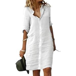 Fronage Women's Summer Midi Shirt Dresses Button Down 1/2 Sleeve Lapel Casual Cotton Linen Dress L