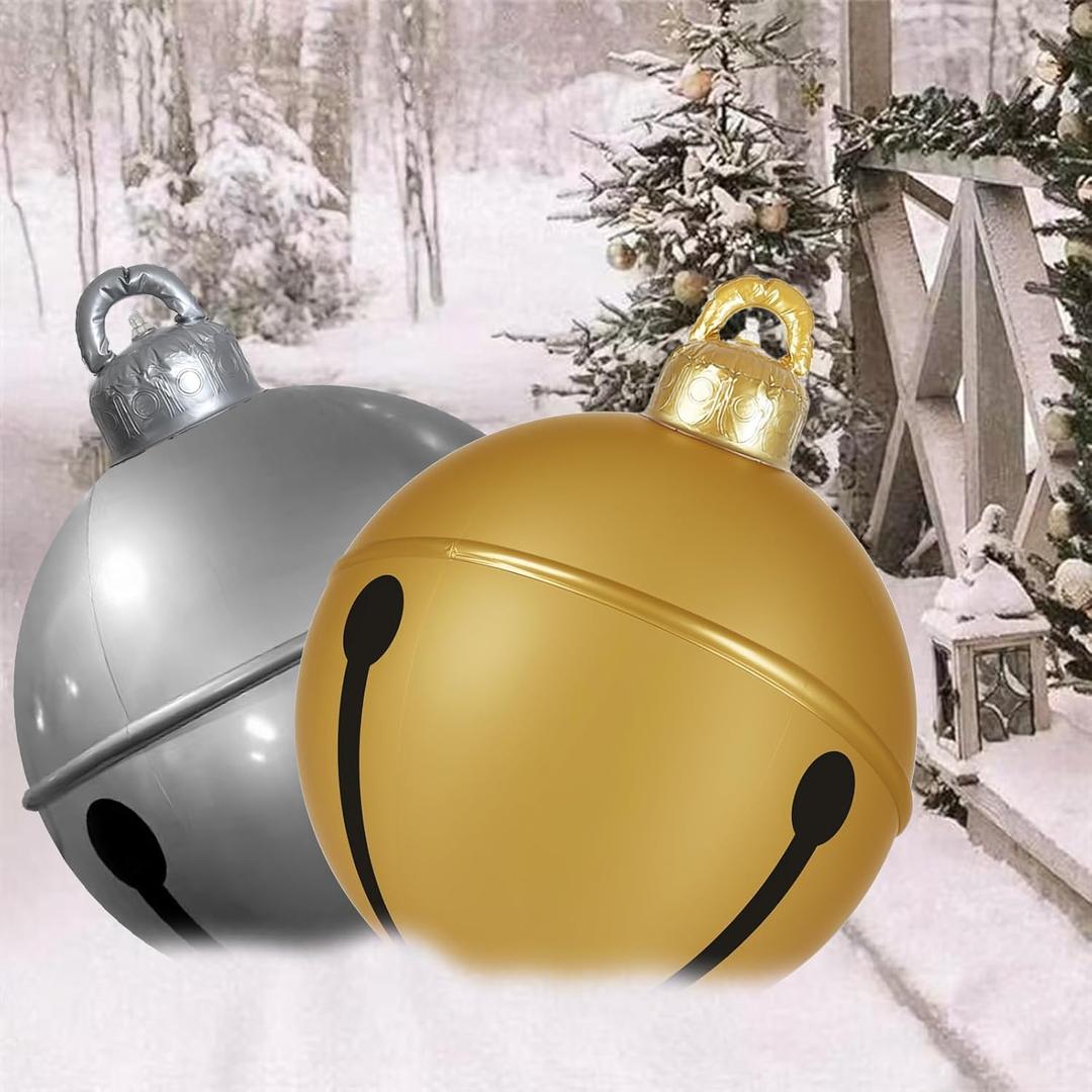 2 Pcs Giant Inflatable Christmas Balls, 24IN PVC Jingle Bell Large Outdoor Indoor Christmas Ornaments,Oversized Blow Up Balls for Garden Yard Patio Decorations
