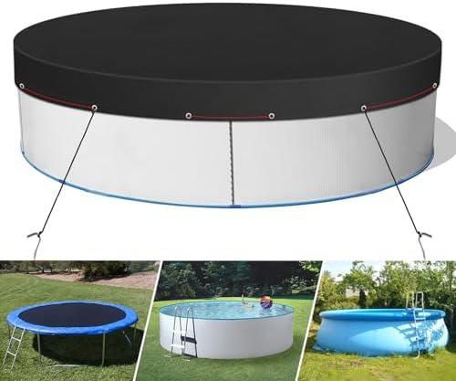 33FT Pool Cover, Solar Pool Covers for Above Ground Pools, Round Hot Tub Cover Stock Tank Cover, Waterproof and UV Resistant, with Ground Nails,Winch and Cable Black