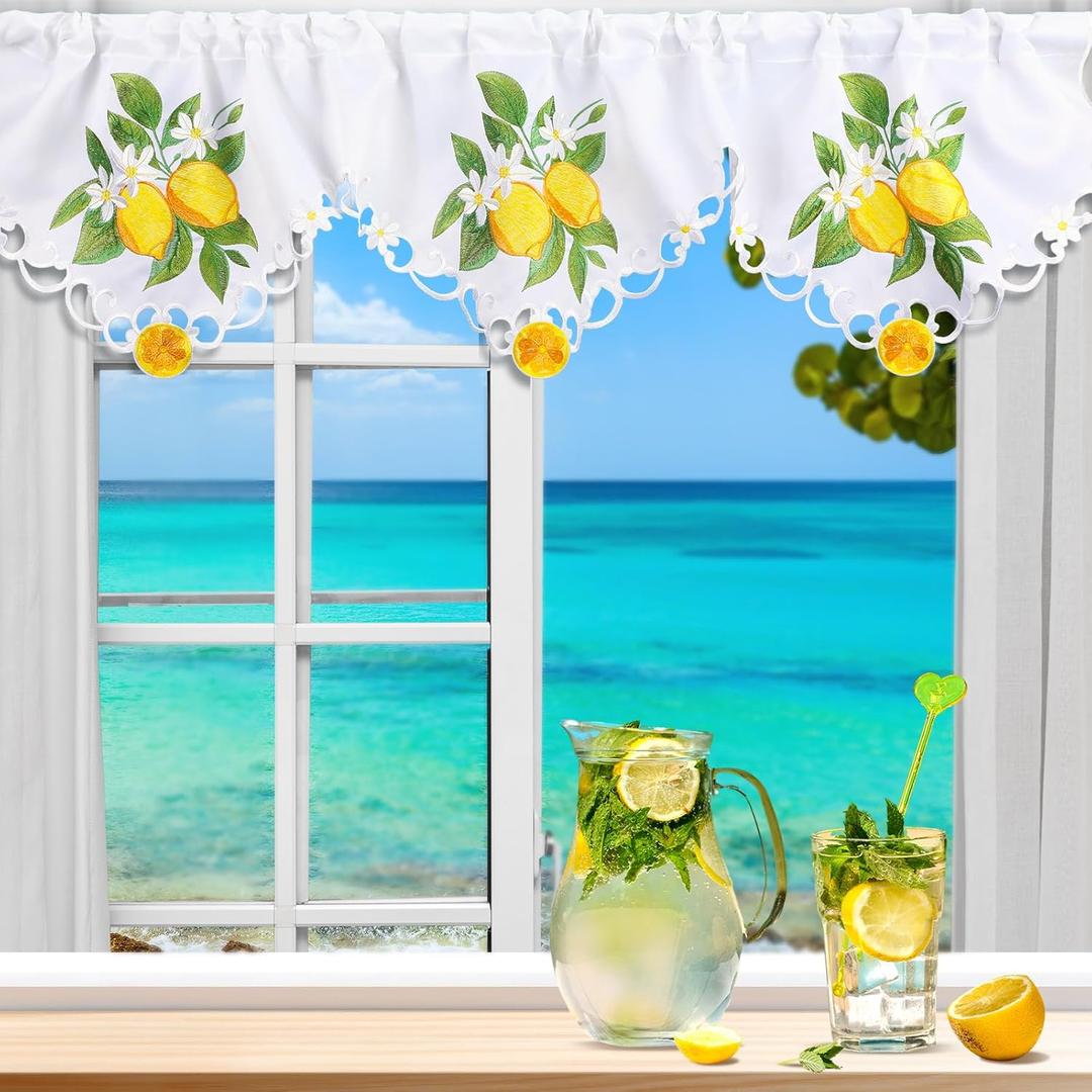 Embroidered Summer Lemon Kitchen Curtains Valances 58 x 15 Inch Yellow Lemon Window Treatment Valance Fresh Fruit Flower Leaf Curtain for Bedroom Bathroom Living Room Decor